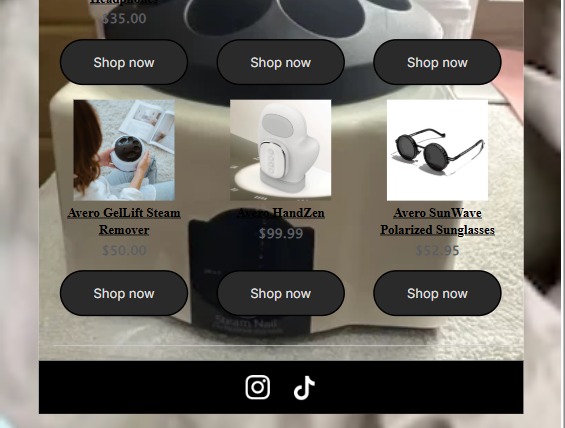 Product grid + socials